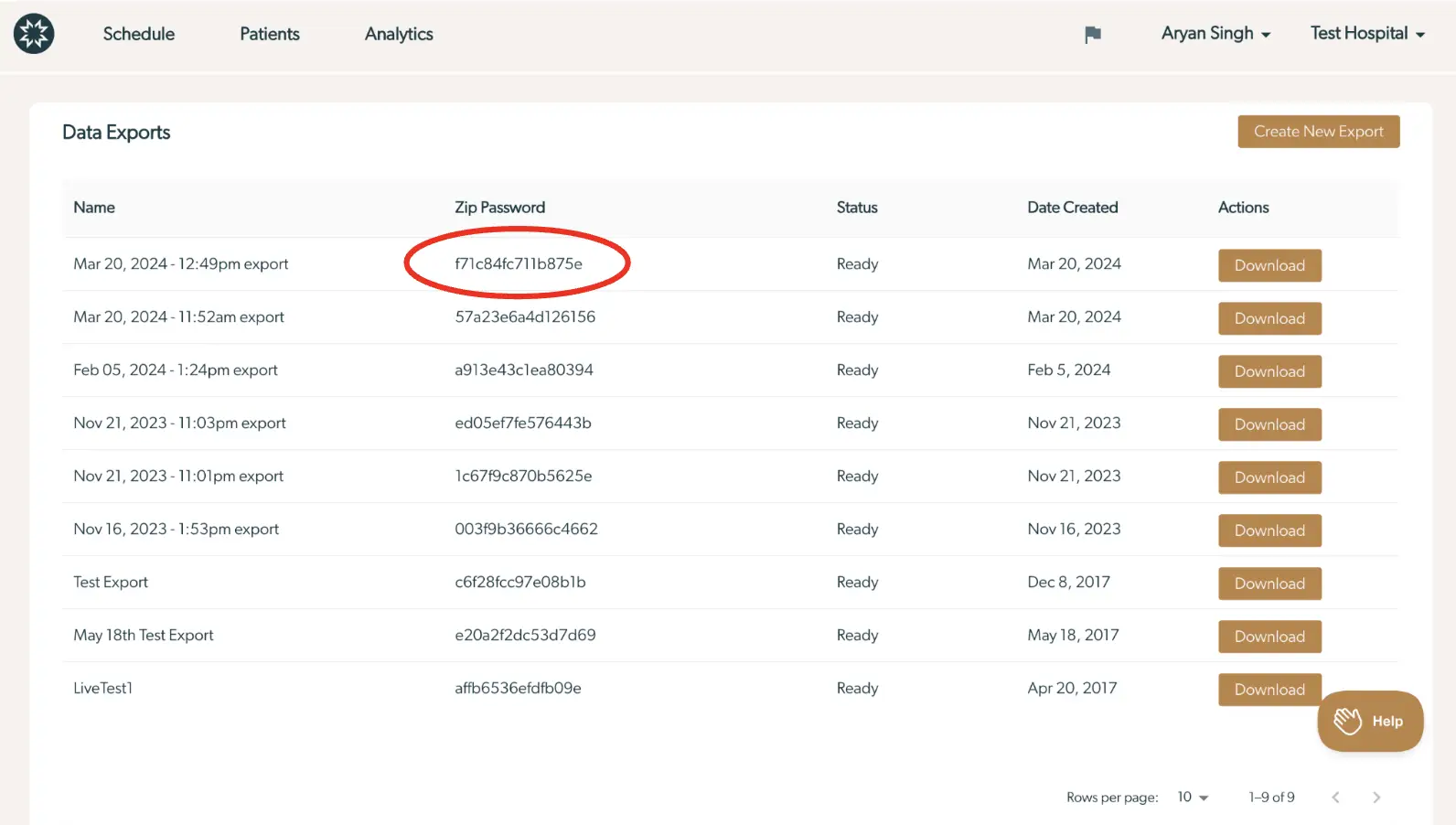 Mirah Data Exports page showing a list of data exports with options to download.