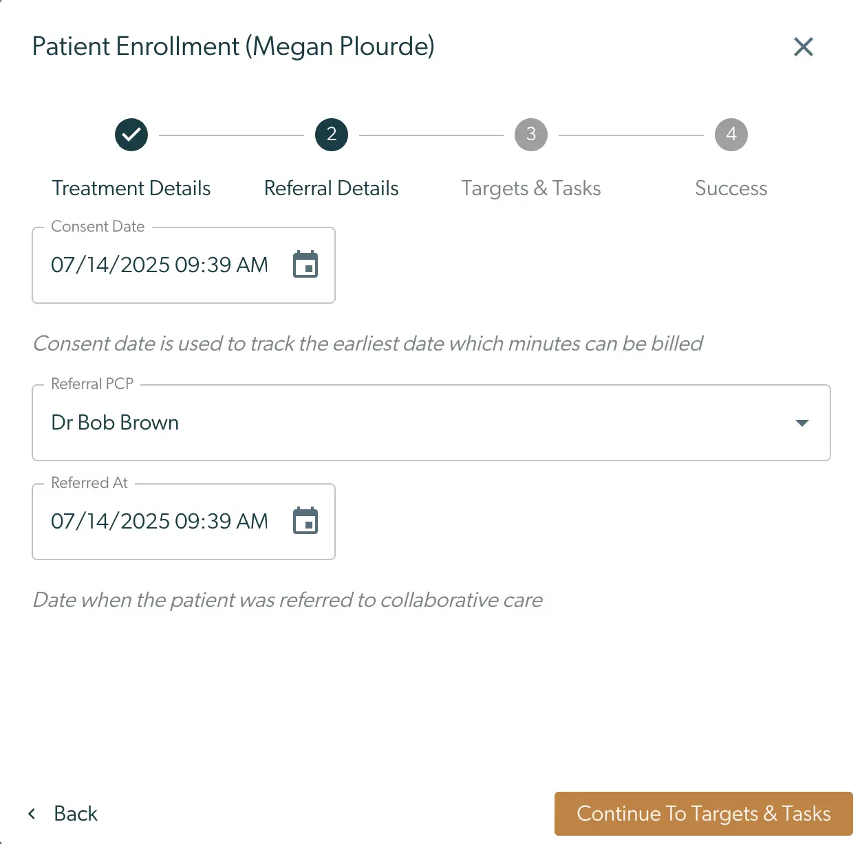 Mirah Collaborative Care Patient Enrollment Referral Details screen for Megan Plourde