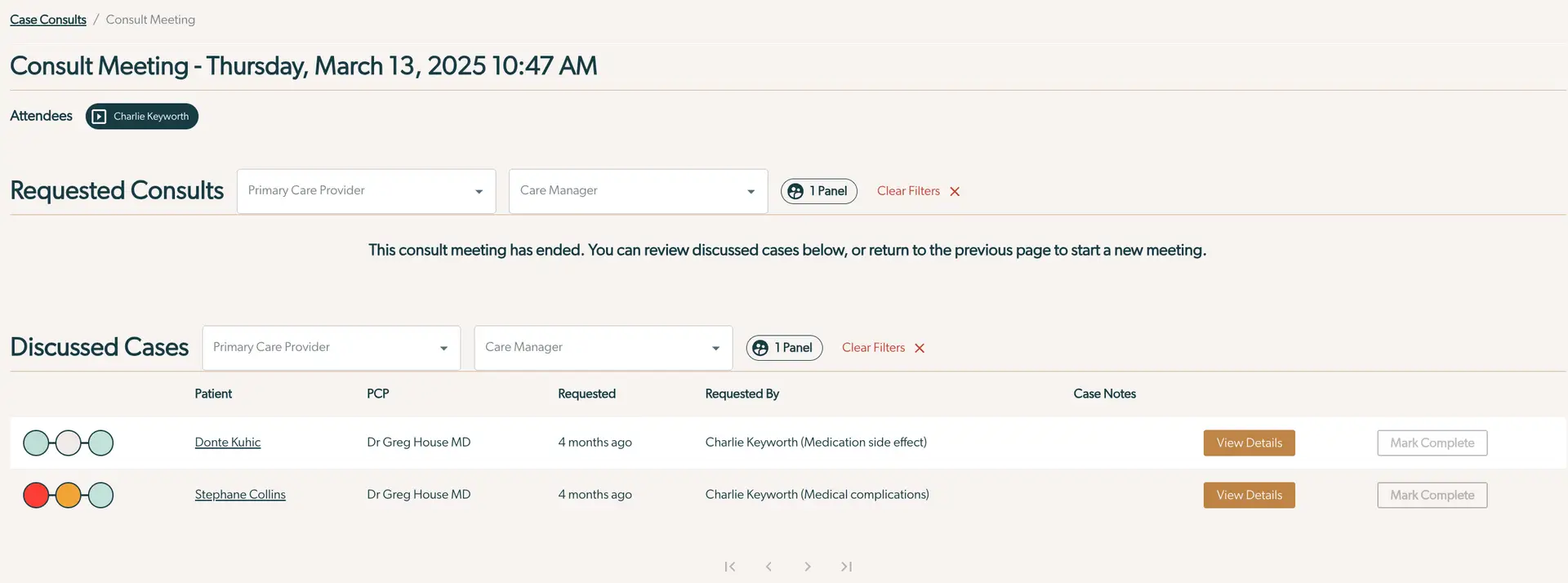 Mirah Collaborative Care Consult Meeting page showing discussed cases and filters