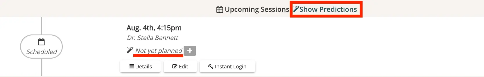 Mirah platform Upcoming Sessions page showing session details and options to show predictions.