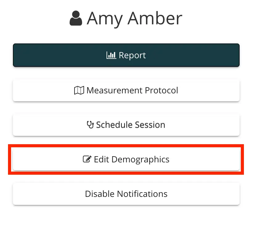 Mirah platform patient management screen for Amy Amber with options to report, edit demographics, and manage notifications.