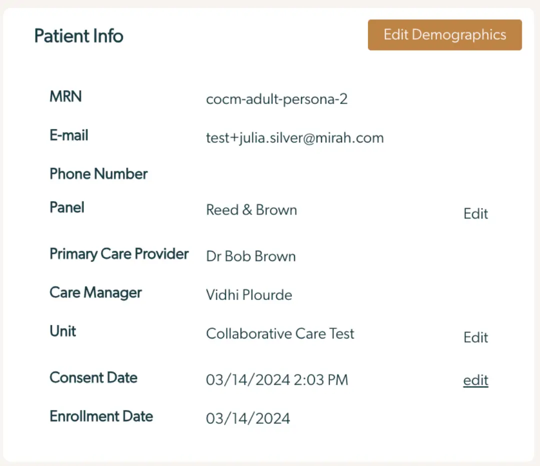 Mirah Collaborative Care Patient Info section with editable fields