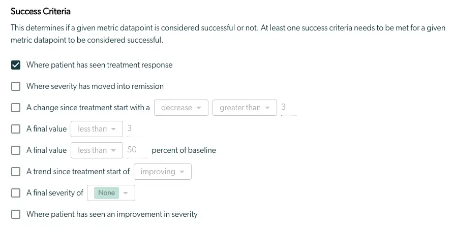 Mirah Outcomes Framework Success Criteria screen showing options for determining successful metric datapoints.
