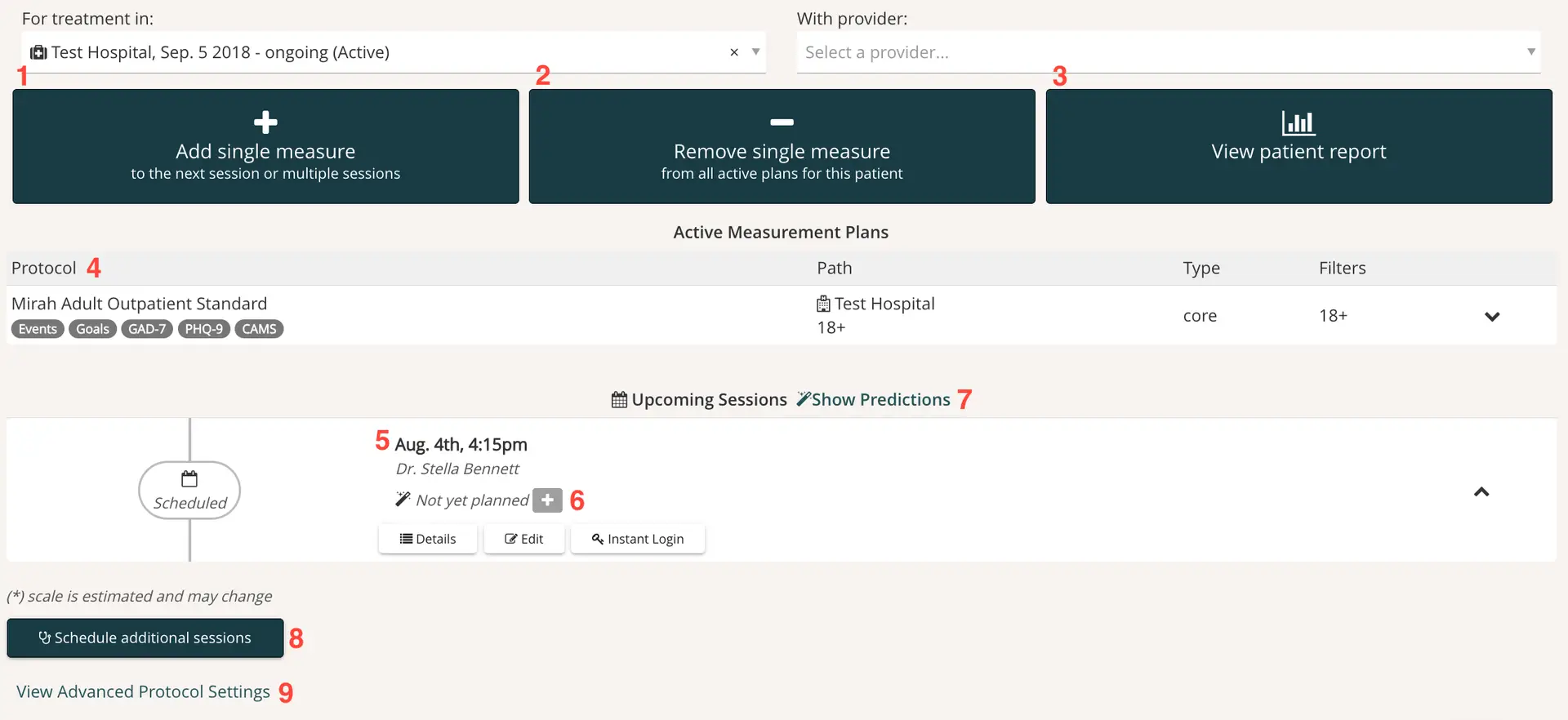 Mirah Measurement Protocol Tool interface at Test Hospital for managing patient data.
