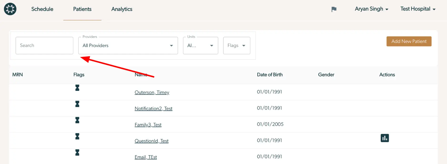Mirah platform Patients section with search and filter options, patient list, and Add New Patient button.
