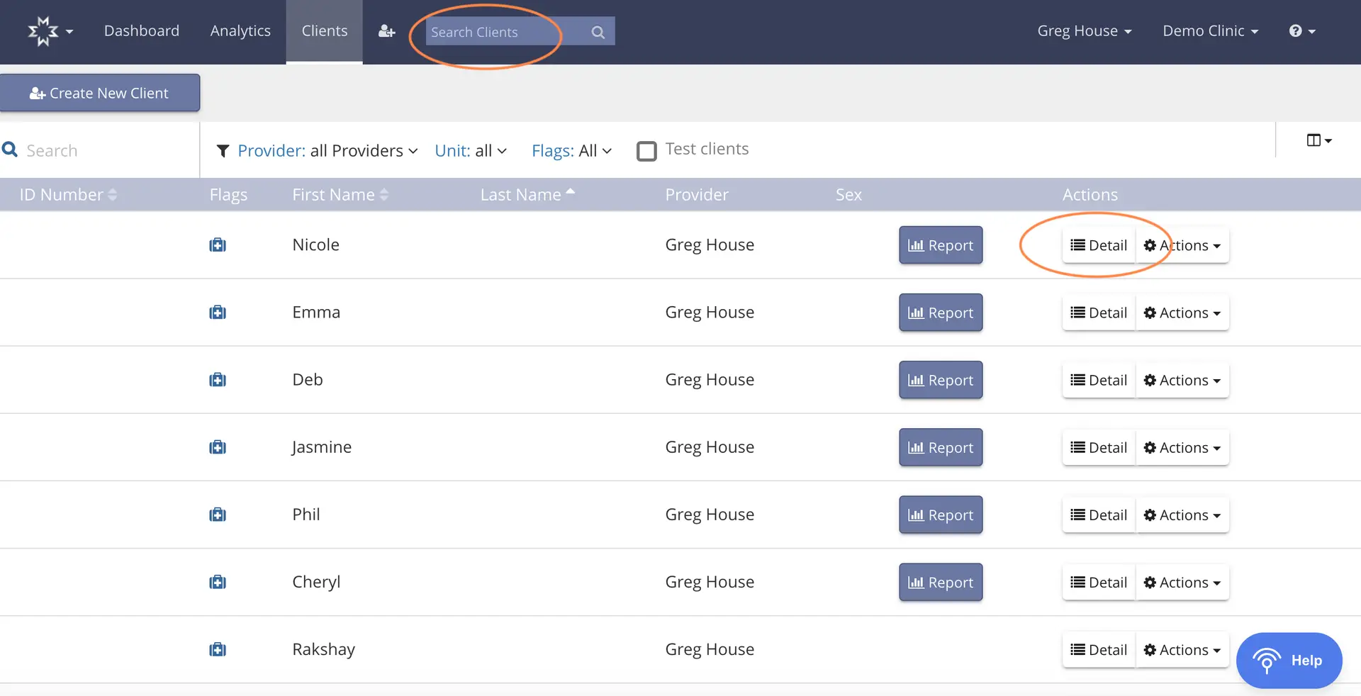 Mirah platform Clients page showing patient list with options to view details and generate reports.