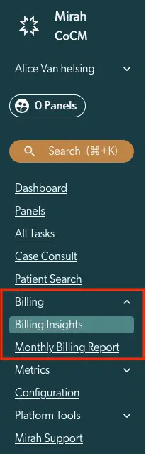 Mirah CoCM vertical navigation menu with Billing section expanded showing Billing Insights and Monthly Billing Report.