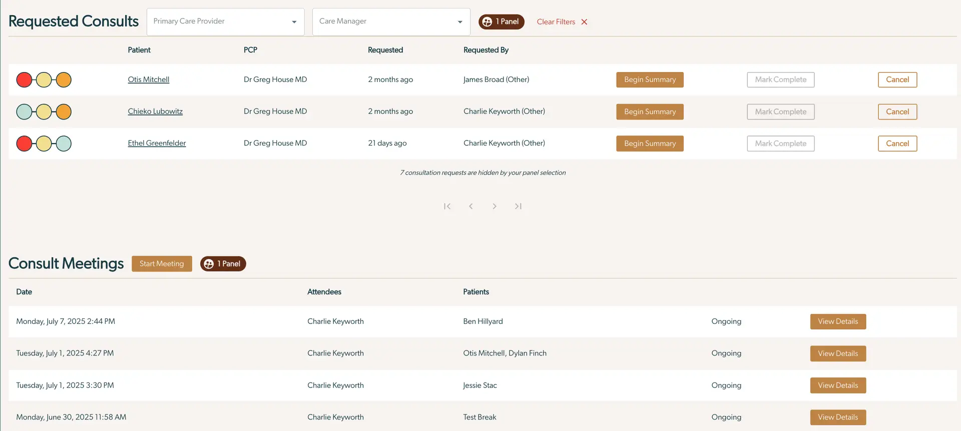 Mirah Collaborative Care Panels - Requested Consults and Consult Meetings