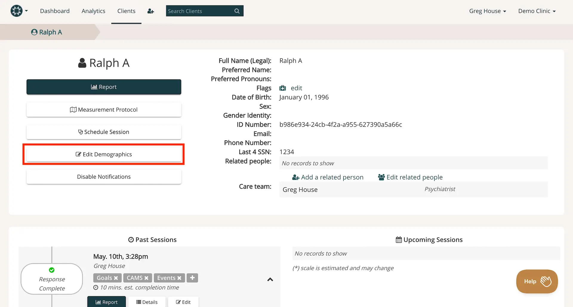 Mirah platform patient profile page for Ralph A under Clients section