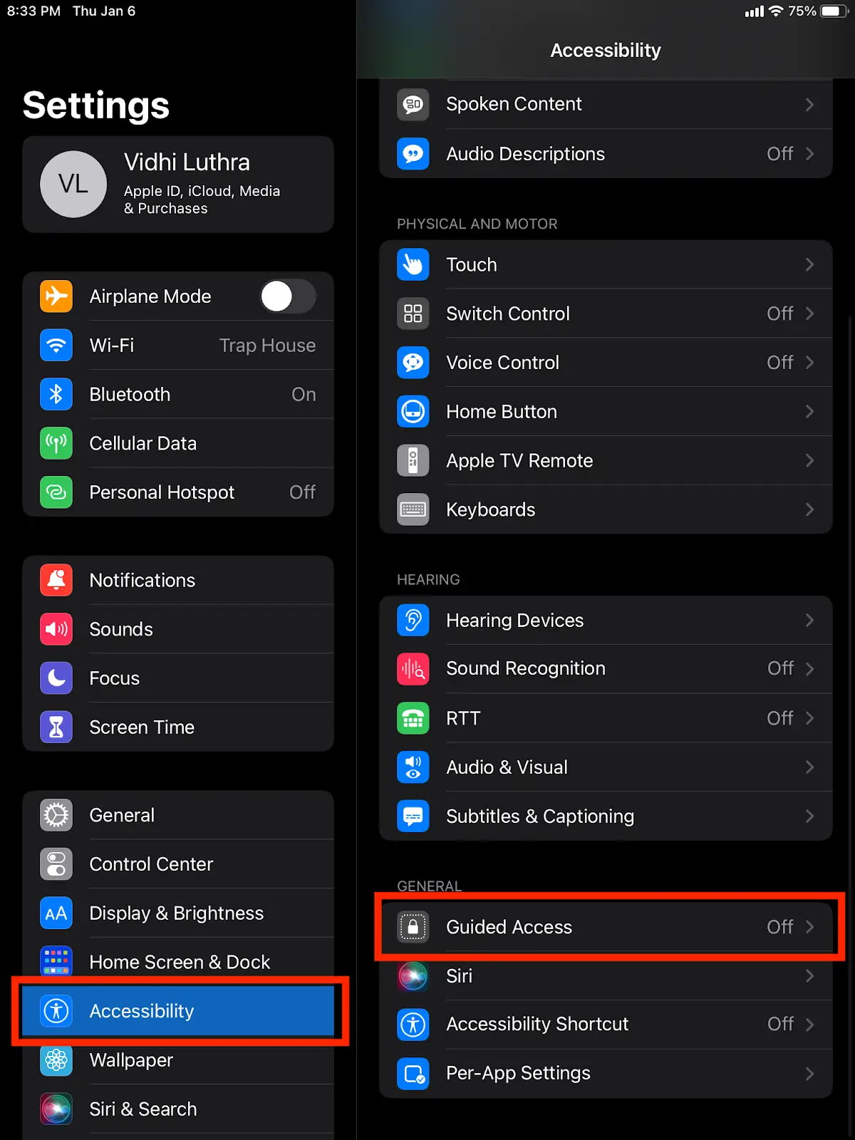 iPad Settings Accessibility Guided Access configuration screen
