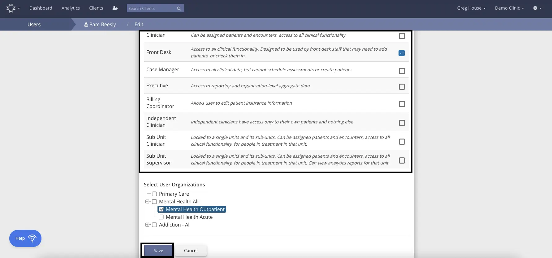 Mirah platform user role management screen for Pam Beesly, showing role and organization selection options.