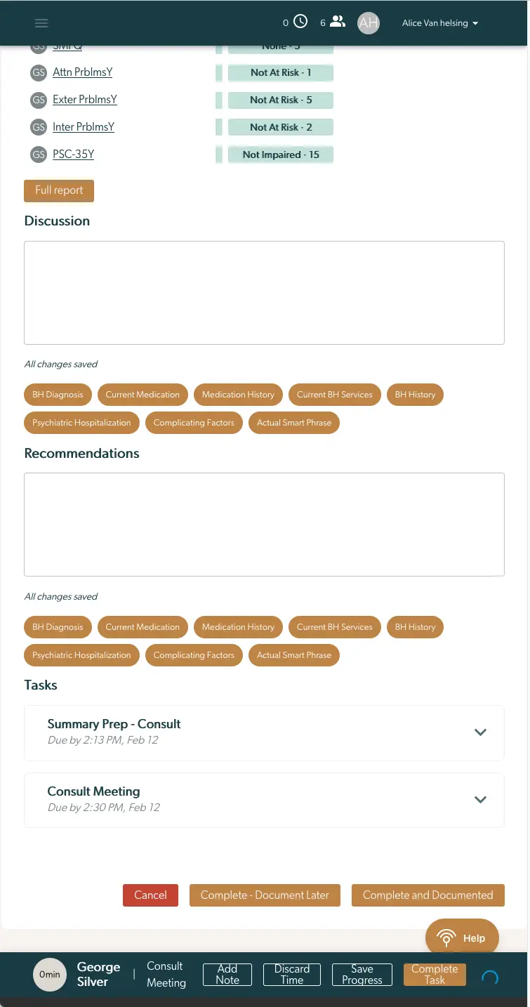 Mirah Collaborative Care Case Consult screen showing discussion, recommendations, and tasks sections with action buttons.