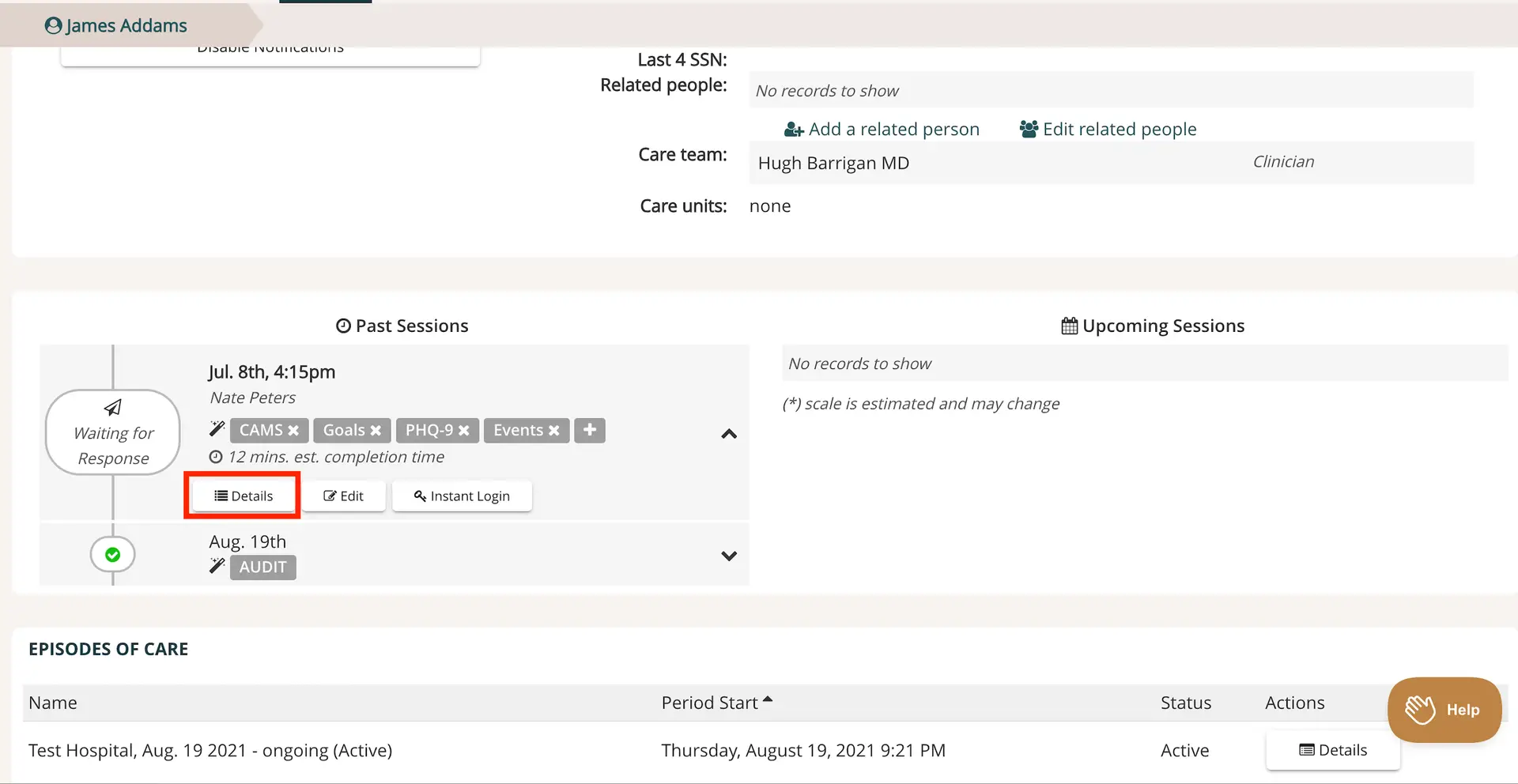 Mirah platform patient management screen for James Addams showing past and upcoming sessions, care team details, and episodes of care.